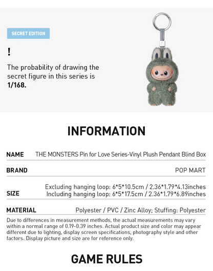 THE MONSTERS - Labubu V4 - Pin For Love Vinyl Plush Pendant N-Z (Blind Box)